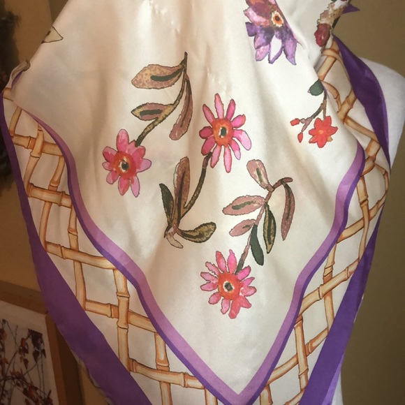 ECHO x TALBOTS Silk Scarf Wrap Floral Potted Plant WaterCan Spring Daisy $70 NEW - Picture 7 of 15